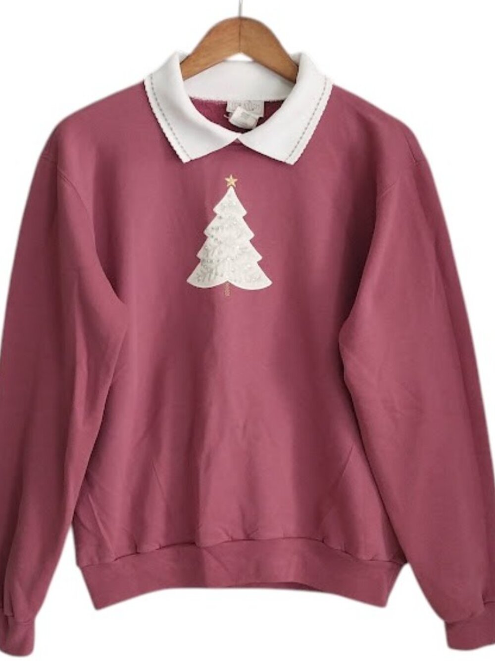 Vintage Retro 90s Top Stitch Granny Christmas Tree Sweatshirt With Collar Size M